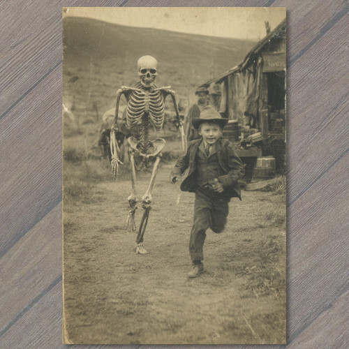 Postcard boy running - postcard, skeleton